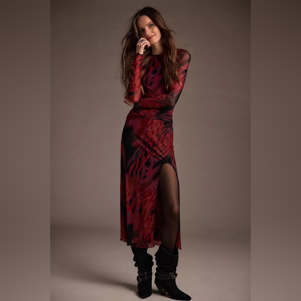 Free People Gianni Maxi Dress Lipstick Combo Mesh Long Sleeve Slit Red Black XS